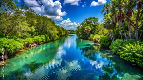 Serene Blue Bayou on Anna Maria Island, Florida with Lush Vegetation and Tranquil Waterscape