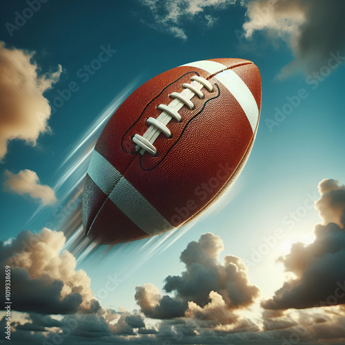 an American football flying in the sky