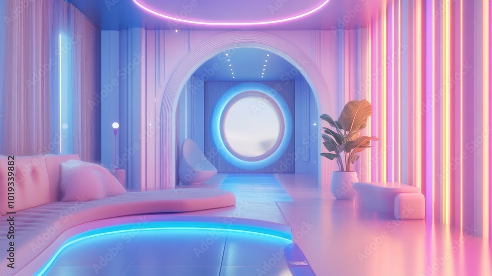 Futuristic Interior Design with Neon Lighting and Curved Furniture Futuristic Interior Design with Neon Lighting and Curved Furniture