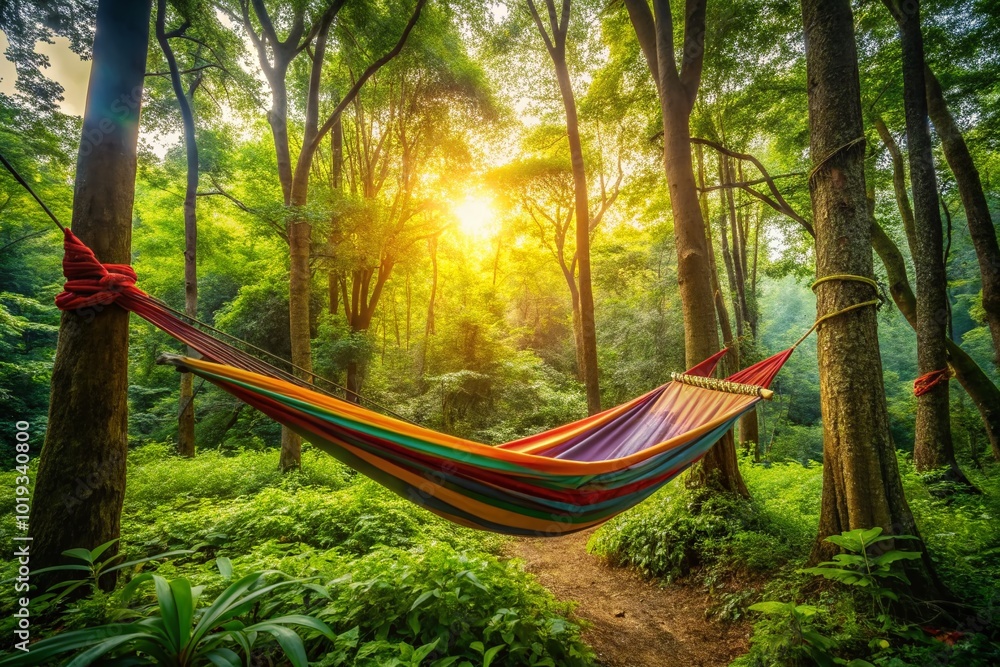 Serene Hammock Nestled Among Lush Green Forest Trees for Relaxation and Nature Escape Serene Hammock Nestled Among Lush Green Forest Trees for Relaxation and Nature Escape