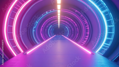 Futuristic Tunnel with Neon Lights and Circular Design