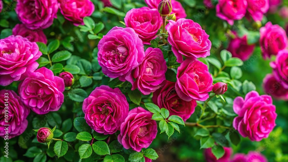 Aerial view of fuchsia colored bush roses with lush green background Aerial view of fuchsia colored bush roses with lush green background