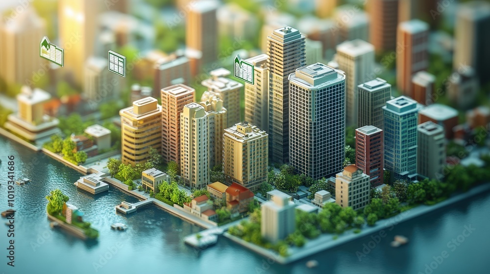Obraz premium Rising Real Estate Values: 3D Visualization of Financial Growth and Investment Strategies in Urban Landscape