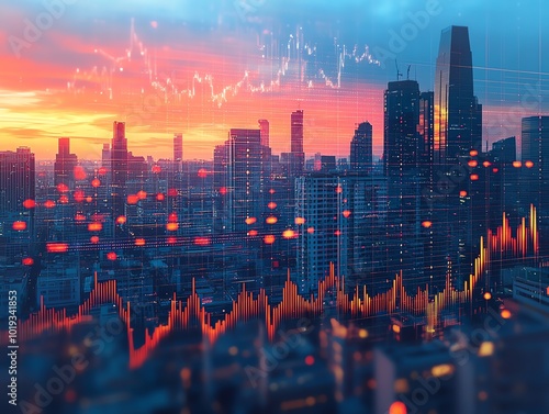 City skyline with financial data visualization at sunset.