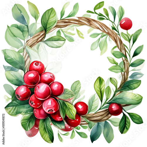 Christmas Wreath with Red Berries and Green Leaves Isolated on Transparent Background. Vector Watercolor Illustration. Clip Art. Round Label Design Element. Circular Frame for Mason Jar Lid etc