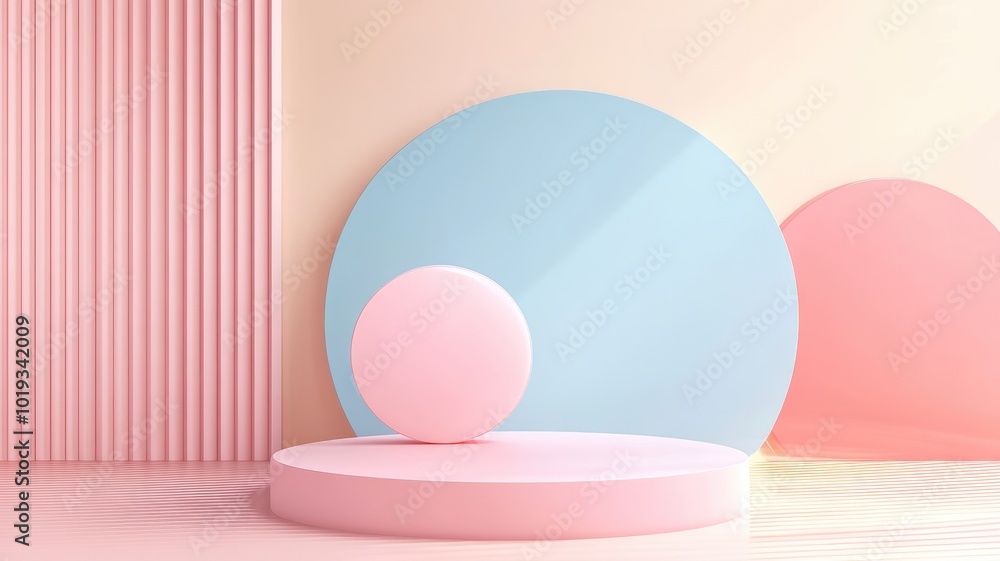 Abstract Pastel Pink and Blue Geometric Shapes with a Circular Platform Abstract Pastel Pink and Blue Geometric Shapes with a Circular Platform