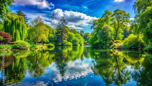 Serene Landscape of Bois de Boulogne Park with Lush Greenery and Tranquil Water Reflections