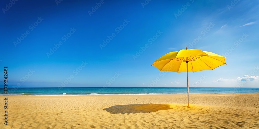 A solitary yellow umbrella stands tall on a pristine sandy beach, its bright color contrasting against the vast blue expanse of the ocean and sky, evoking a sense of tranquility and summer bliss. A solitary yellow umbrella stands tall on a pristine sandy beach, its bright color contrasting against the vast blue expanse of the ocean and sky, evoking a sense of tranquility and summer bliss.