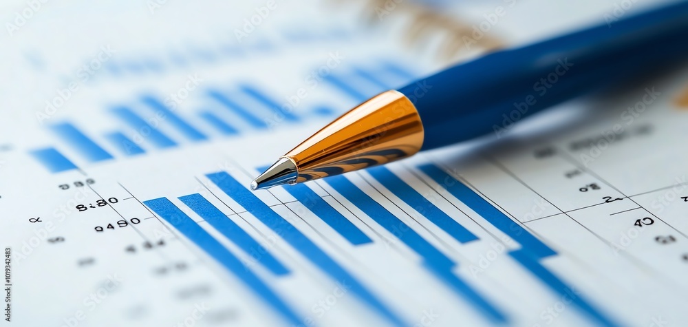 Close-up of a pen over financial graphs and charts. Close-up of a pen over financial graphs and charts.