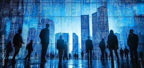 Silhouettes of people against a modern city skyline.