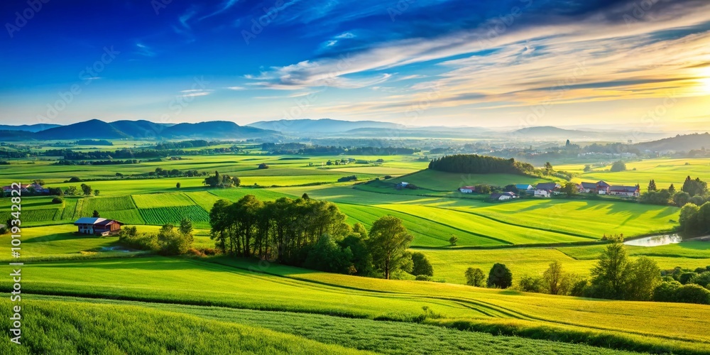 Fototapeta premium Serene Landscape of Outskirts with Lush Green Fields and Distant Hills Under a Clear Blue Sky