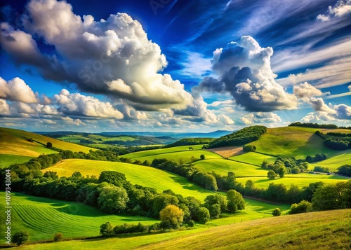 Serene Landscape of Rolling Hills Under a Bright Blue Sky with Fluffy White Clouds Above