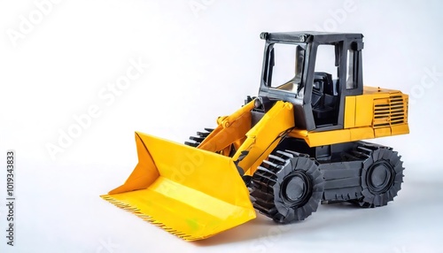 paper origami concept of a bulldozer, dozer or crawler, a large, motorized machine equipped with a metal blade to the front for pushing material like soil, sand, snow, rubble, or rock. Isolated white