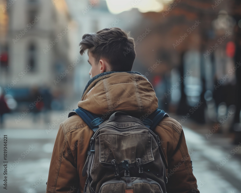 Young Traveler with Backpack Exploring Urban City in Autumn ? Rear View Photograph of Teenager in Warm Clothes Young Traveler with Backpack Exploring Urban City in Autumn ? Rear View Photograph of Teenager in Warm Clothes