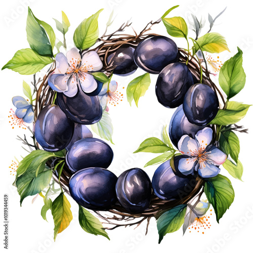 Watercolor Wreath of Large Juicy Italian Prune Plums Isolated on Transparent Background. Clip Art. Plum Tree Flowers and Branches with Green Leaves. Round Label Design Element for Food Packaging.