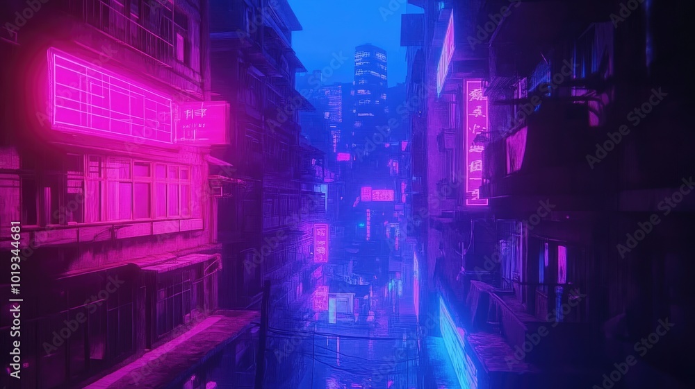 Obraz premium Neon-Lit City Alleyway with Pink and Blue Illumination