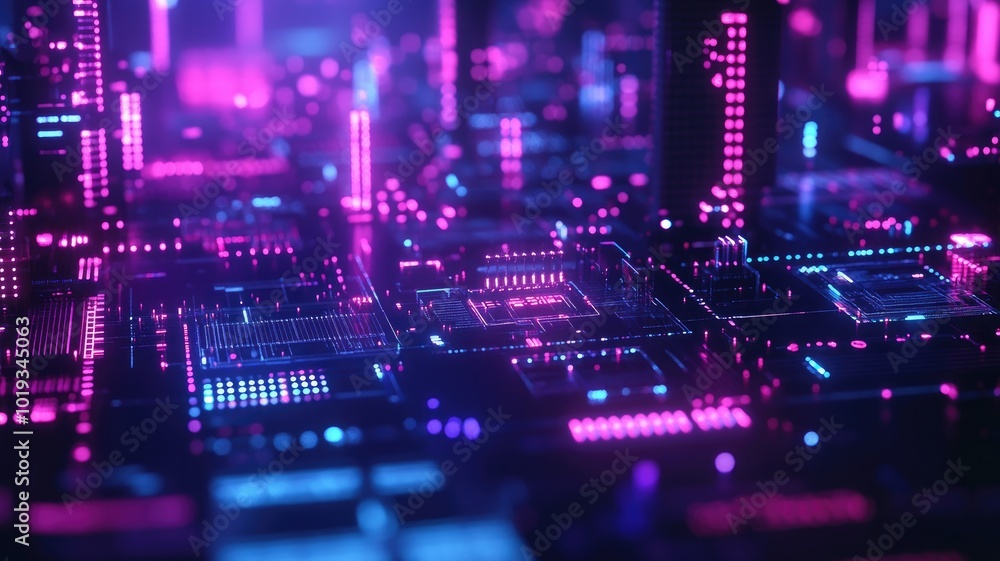 Abstract Neon Cityscape with Glowing Circuitry Abstract Neon Cityscape with Glowing Circuitry