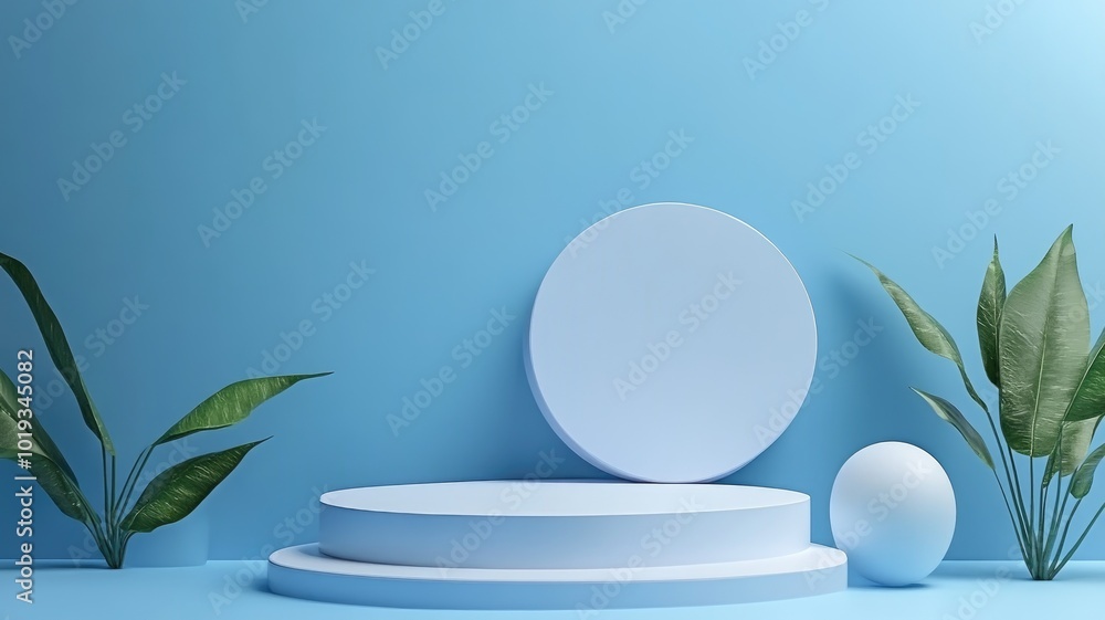 Abstract 3D Minimalist Blue and White Podium with Green Plants Abstract 3D Minimalist Blue and White Podium with Green Plants