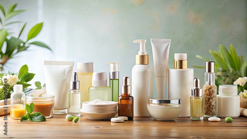 A Natural Skincare Collection Featuring Various Products on a Wooden Surface, Including Creams, Oils, and Scrubs, with Lush Greenery in the Background A Natural Skincare Collection Featuring Various Products on a Wooden Surface, Including Creams, Oils, and Scrubs, with Lush Greenery in the Background