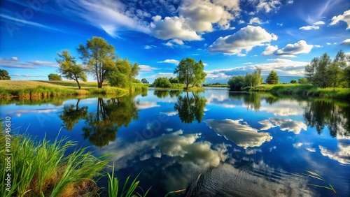 Serene Pond with Gentle Ripples Reflecting Nature's Beauty in Calm Water Under Clear Blue Sky