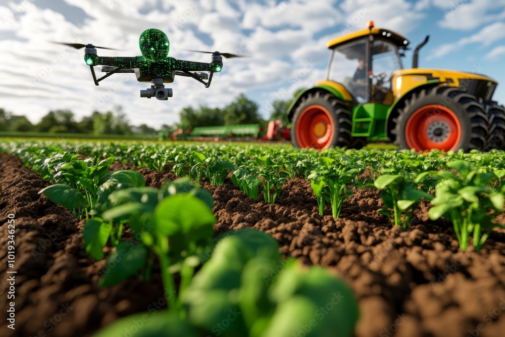 3D-rendered depiction of a rural field being monitored by drones and AI-powered tractors, showing the role of digital tools in rural innovation 3D-rendered depiction of a rural field being monitored by drones and AI-powered tractors, showing the role of digital tools in rural innovation