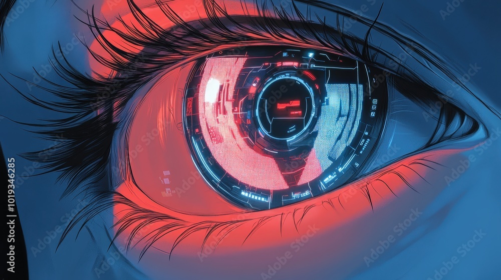 Obraz premium Futuristic Anime Eye Scanning Technology Vector Illustration with Augmented Contact Lens and Hologram Microchip in Minimalist Style