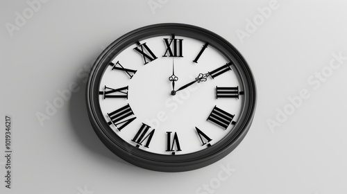 Classic round wall clock with Roman numerals showing five minutes to twelve on a plain white background. Concept of time, countdown, and approaching deadline.