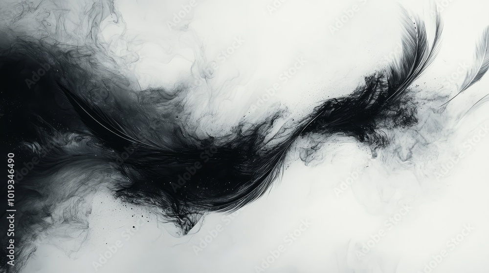 Fototapeta premium Abstract Black Ink and Feather Swirl on White Background