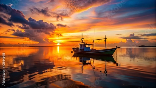 Serene Silhouette of a Fishing Boat Against a Colorful Sunset Over Calm Waters at Dusk