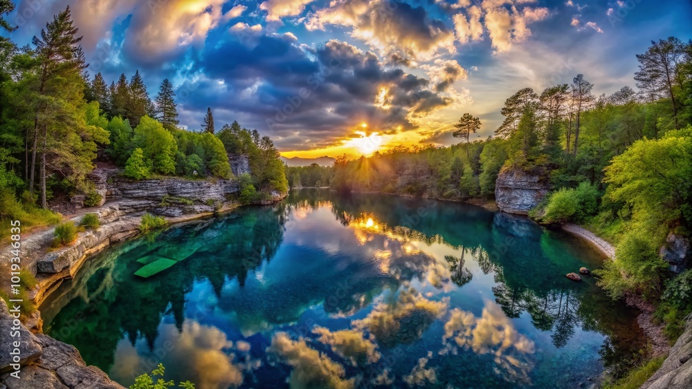 Naklejka premium Serene Sundown at Peekamoose Blue Hole in New York's Natural Beauty and Tranquil Waterscape