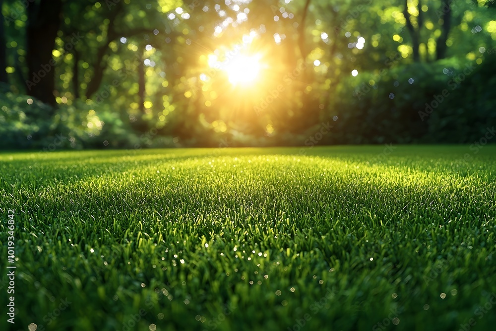Close-up of a lush green lawn bathed in warm sunlight, with a blurred forest backdrop. Close-up of a lush green lawn bathed in warm sunlight, with a blurred forest backdrop.