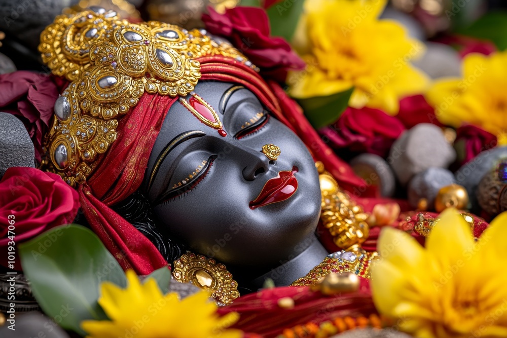 A close-up of a beautifully decorated Lakshmi idol, with rich red and gold cloth, jewels, and flowers surrounding her, ready for the Lakshmi Puja offerings A close-up of a beautifully decorated Lakshmi idol, with rich red and gold cloth, jewels, and flowers surrounding her, ready for the Lakshmi Puja offerings
