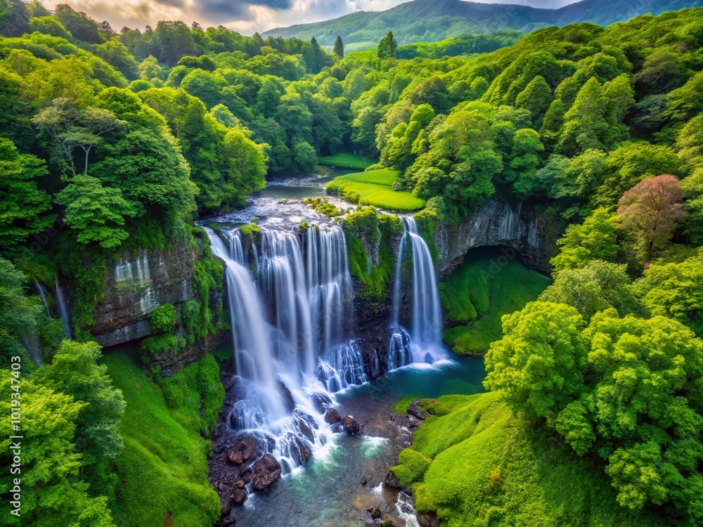 Naklejka premium Serene Uguisu Waterfall Cascading Through Lush Greenery in a Tranquil Natural Landscape Setting