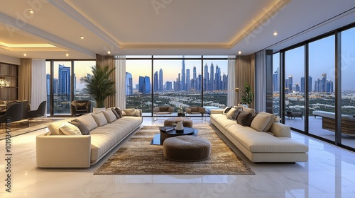 Sophisticated Elegance: Luxurious Penthouse Living Room Interior with Skyline Views in Dubai