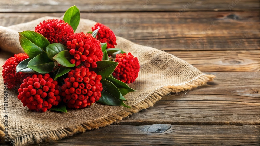 A Rustic Arrangement of Vibrant Red Berries and Lush Green Foliage Set Upon a Weathered Wooden Surface and a Rough Burlap Cloth A Rustic Arrangement of Vibrant Red Berries and Lush Green Foliage Set Upon a Weathered Wooden Surface and a Rough Burlap Cloth
