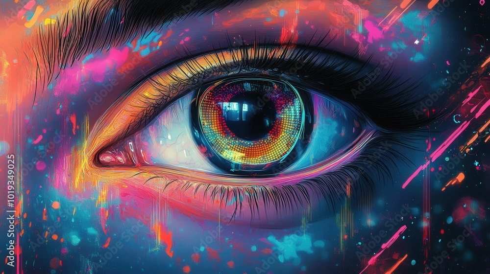 Neon Hypnotic Eye: Trippy Psychedelic Artwork with Vibrant Data Streams and Modern Technology Elements Neon Hypnotic Eye: Trippy Psychedelic Artwork with Vibrant Data Streams and Modern Technology Elements