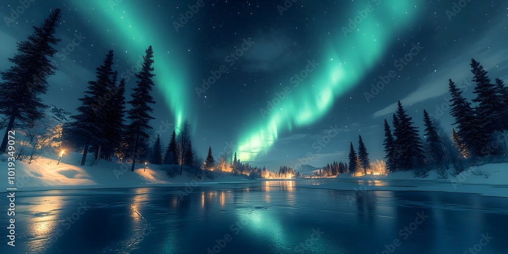 A breathtaking view of the aurora borealis dancing across the night sky above a frozen lake and snow-covered forest. A breathtaking view of the aurora borealis dancing across the night sky above a frozen lake and snow-covered forest.