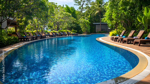 Serene Outdoor Swimming Pool Surrounded by Lush Greenery with Comfortable Lounging Chairs