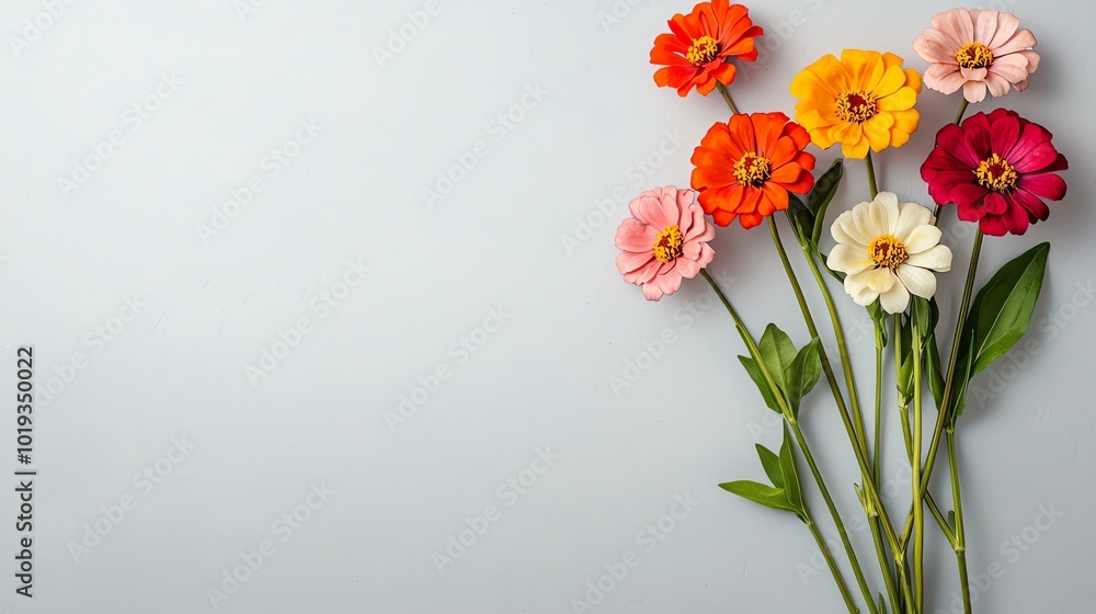Vibrant zinnias in various colors against a soft gray background create a stunning floral display. Perfect for spring or summer themes. Vibrant zinnias in various colors against a soft gray background create a stunning floral display. Perfect for spring or summer themes.