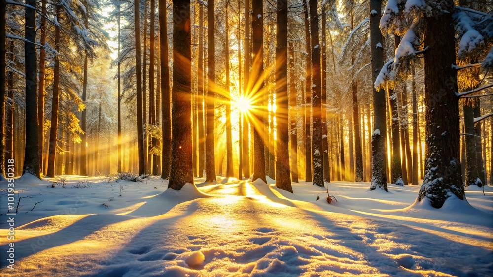 Golden Rays Illuminating a Snow-Covered Forest, Where Sunlight Filters Through Branches and Creates a Magical Atmosphere Golden Rays Illuminating a Snow-Covered Forest, Where Sunlight Filters Through Branches and Creates a Magical Atmosphere