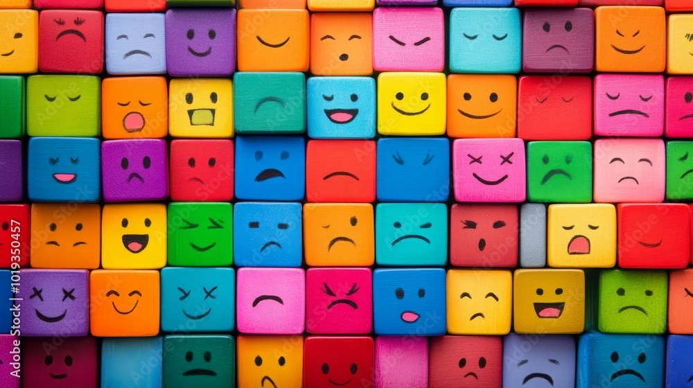 Colorful blocks with different facial expressions. Hard life symbolic represtations Colorful blocks with different facial expressions. Hard life symbolic represtations