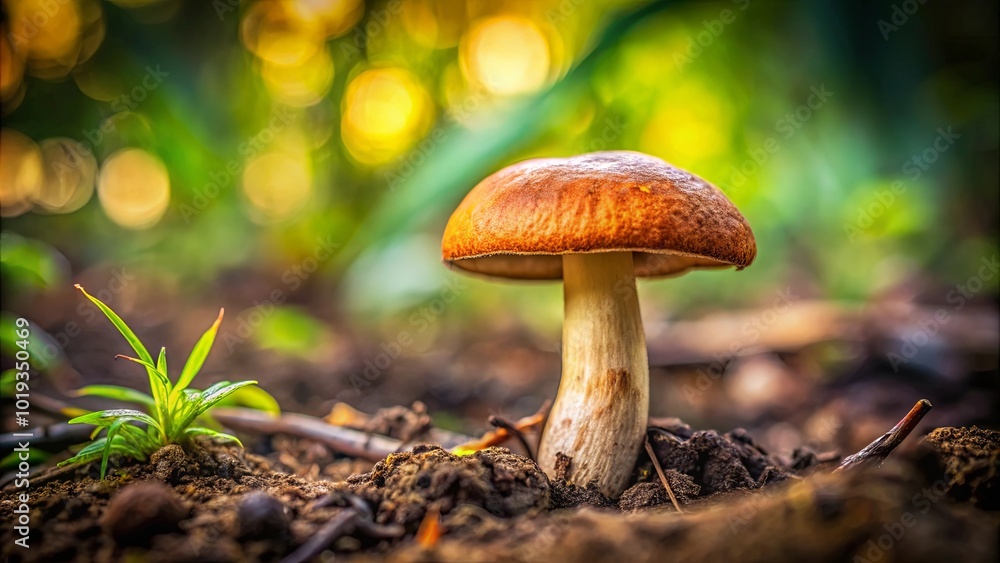 A solitary mushroom basking in the warm glow of filtered sunlight, its cap a rich brown against the verdant undergrowth, a reminder of nature's resilience and the beauty of simple things. A solitary mushroom basking in the warm glow of filtered sunlight, its cap a rich brown against the verdant undergrowth, a reminder of nature's resilience and the beauty of simple things.