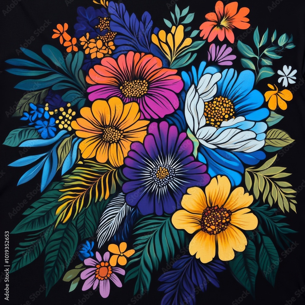 custom made wallpaper toronto digitalA vibrant and colorful bouquet of flowers on a black background, with a variety of colors and shapes.