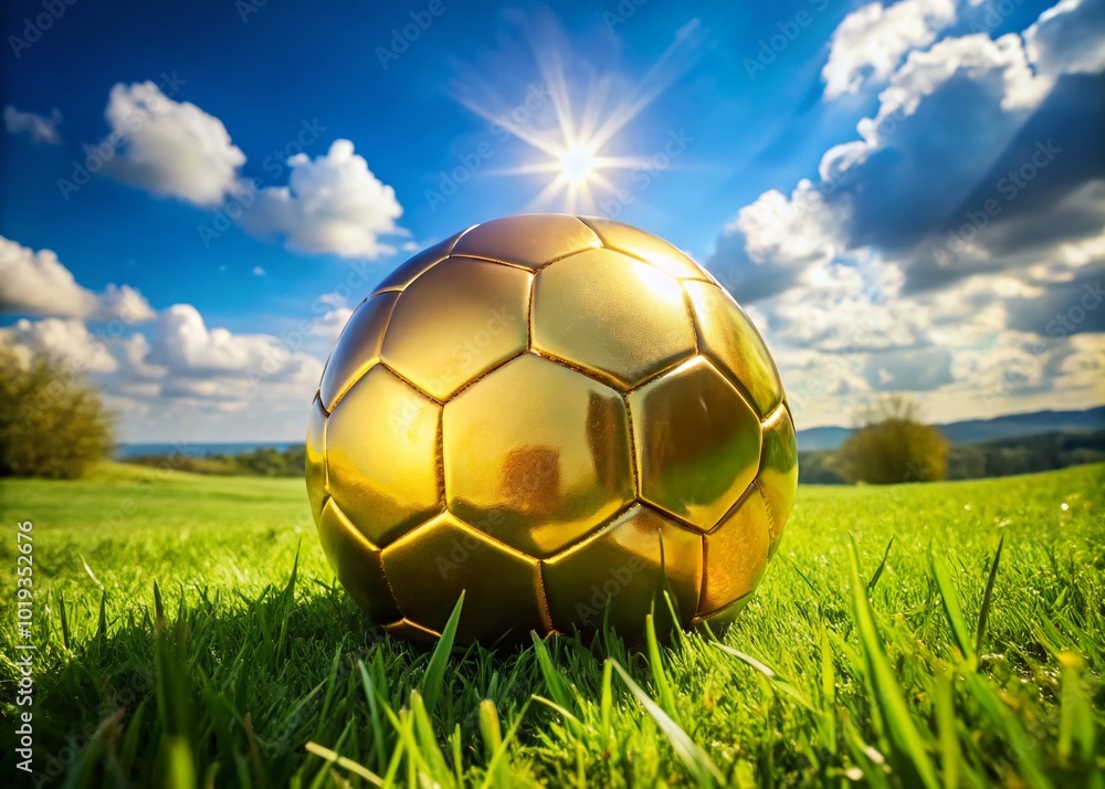 Fototapeta premium Shiny golden soccer ball resting on a green grass field under bright blue sky, sports concept image