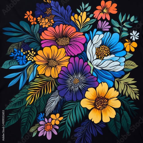 Wallpaper Mural A vibrant and colorful bouquet of flowers on a black background, with a variety of colors and shapes. Torontodigital.ca