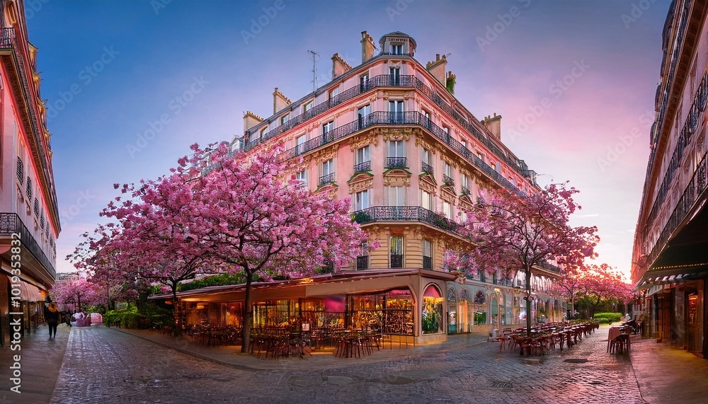 Fototapeta premium Charmante rue de Paris, avec des arbres en fleurs et la terrasse d'un café