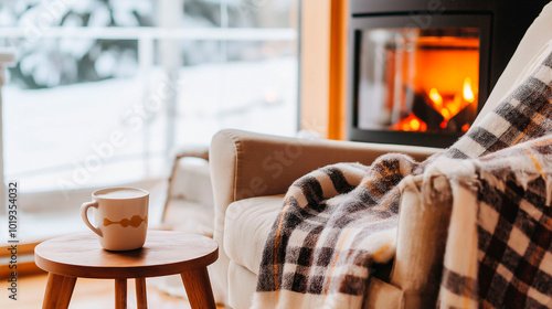 Cozy winter scene of armchair with fireplace in the background and cup with hot drink