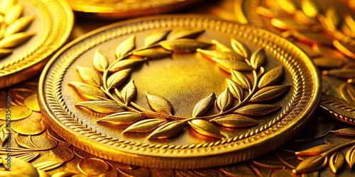 Shiny laurel gold coin symbolizing wealth, prosperity, and ancient history on a textured background