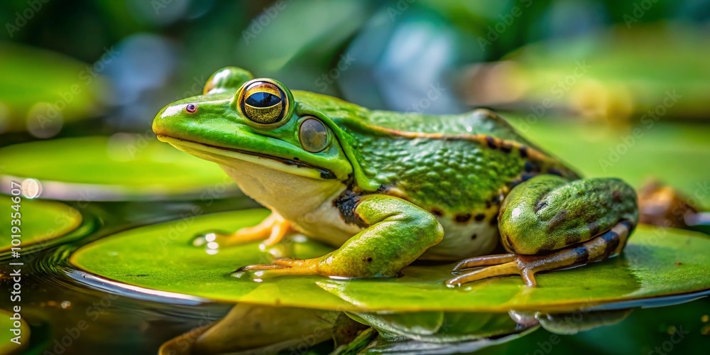 Side View of a Green Frog Sitting on a Leaf in a Natural Pond Environment with Reflection Side View of a Green Frog Sitting on a Leaf in a Natural Pond Environment with Reflection