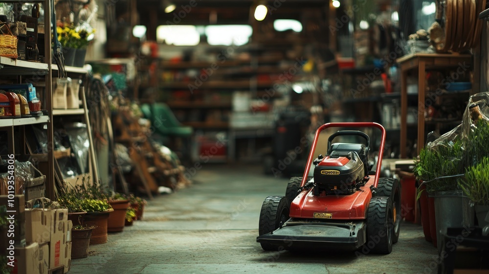 Fototapeta premium Red Lawn Mower in a Garage